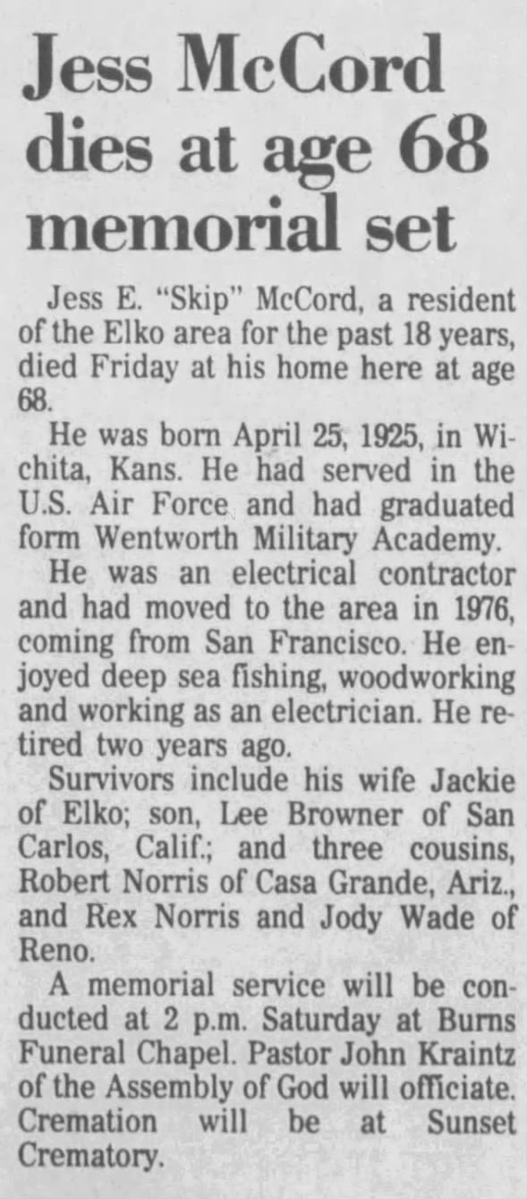Obituary for Jess E. Mccord (Aged 68)